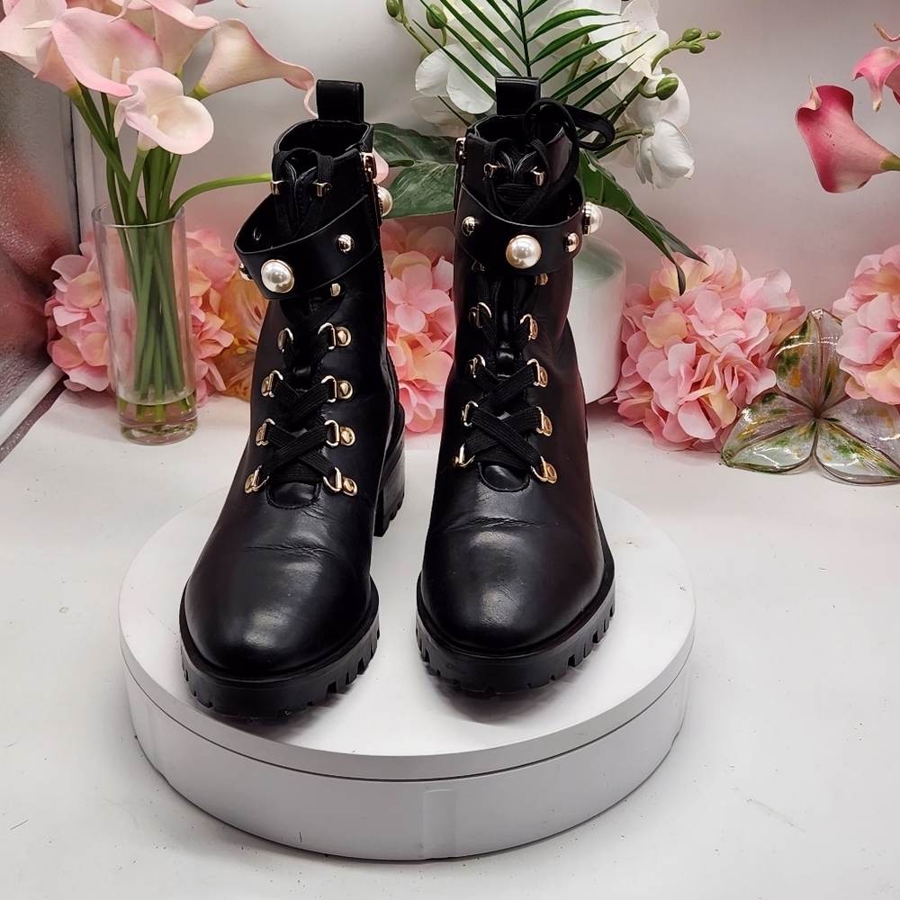 Karl Lagerfeld Lace-up Combat Boots Gold & Pearl Studded Sz 9.5M - Picture 12 of 15